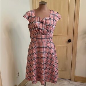 NANPCEIRS Retro Cap SLV Sweetheart 2Pocket Pink Plaid Full Skirt 50's Dress SZ L